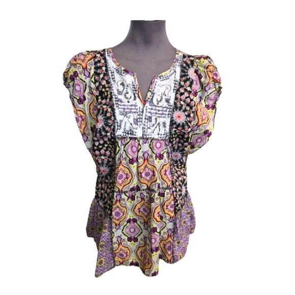 EC UNITY WORLD WEAR BOHO MIXED MEDIA TOP SZ.M - Picture 1 of 4